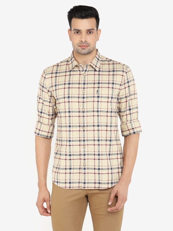 Khaki Mel Checked Full Sleeve Cotton Shirt